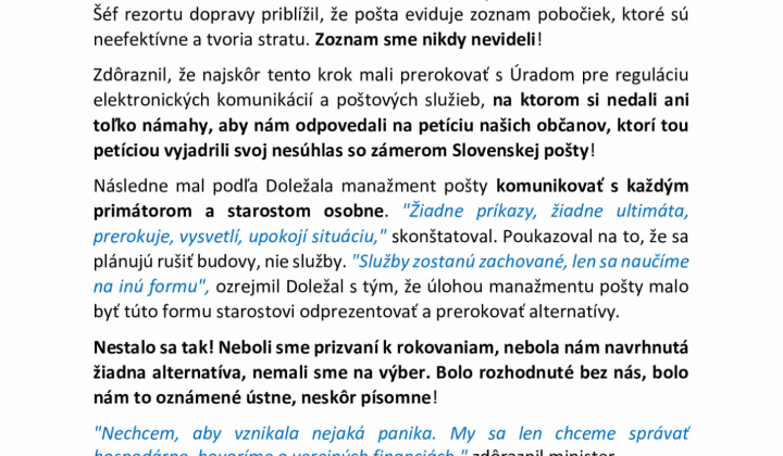 Zrušenie pobočky Slovenskej pošty 01.04.2021